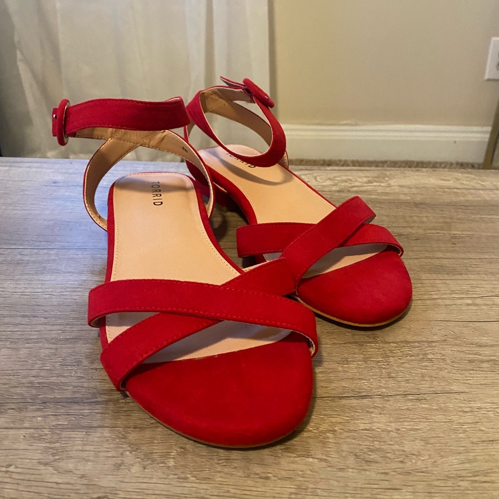 Red faux suede sandals